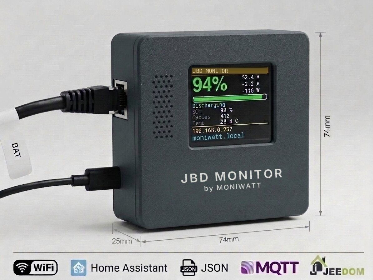 JBD Monitor box with screen displaying battery charge, voltage and current
